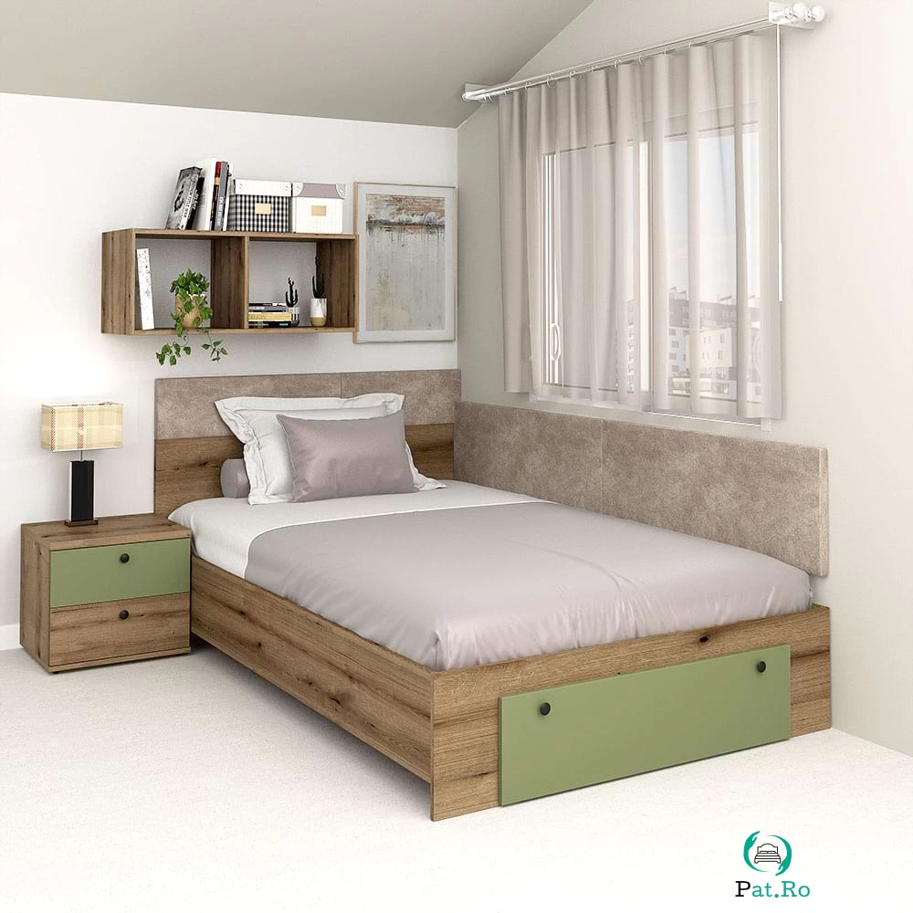 Pat colt de o persoana AMBRO, 120x200, sertar frontal, Stejar, Pesto