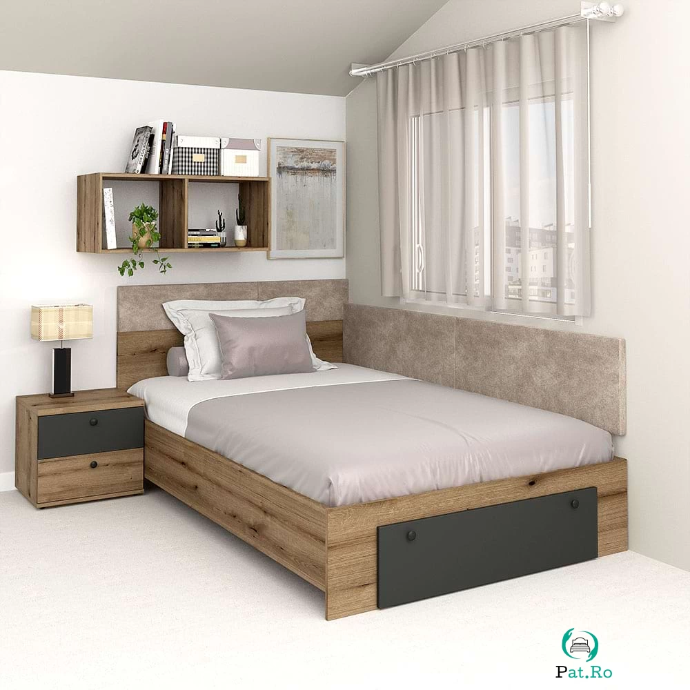 Pat colt de o persoana AMBRO, 90x200, sertar frontal, Stejar, Antracit