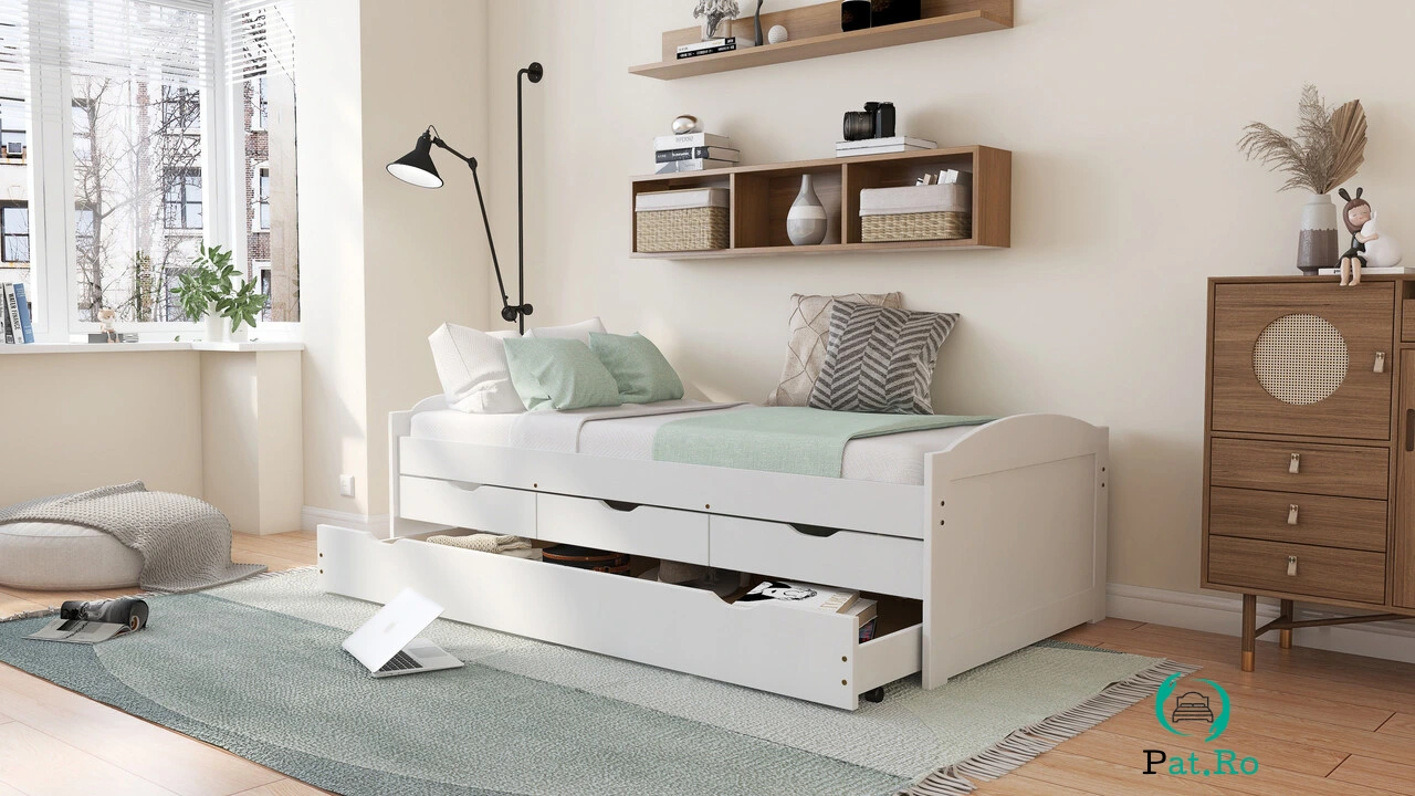 Pat multifunctional pentru o persoana, 90x190 cm, Ulli, Inter Link, lemn, alb