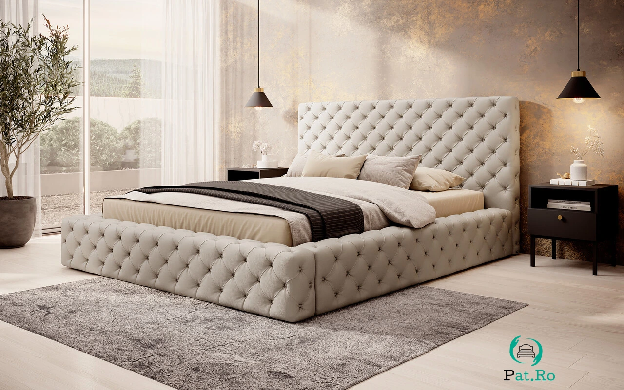 Pat tapitat cu somiera rabatabila si lada depozitare, 140x200 cm, ELTAP, Princce, metal/poliester, bej sand