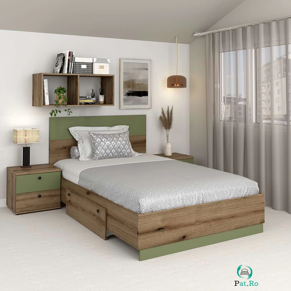 Pat copii AMBRO, 120x200, sertar lateral, Stejar, Pesto la 864.00 lei ron