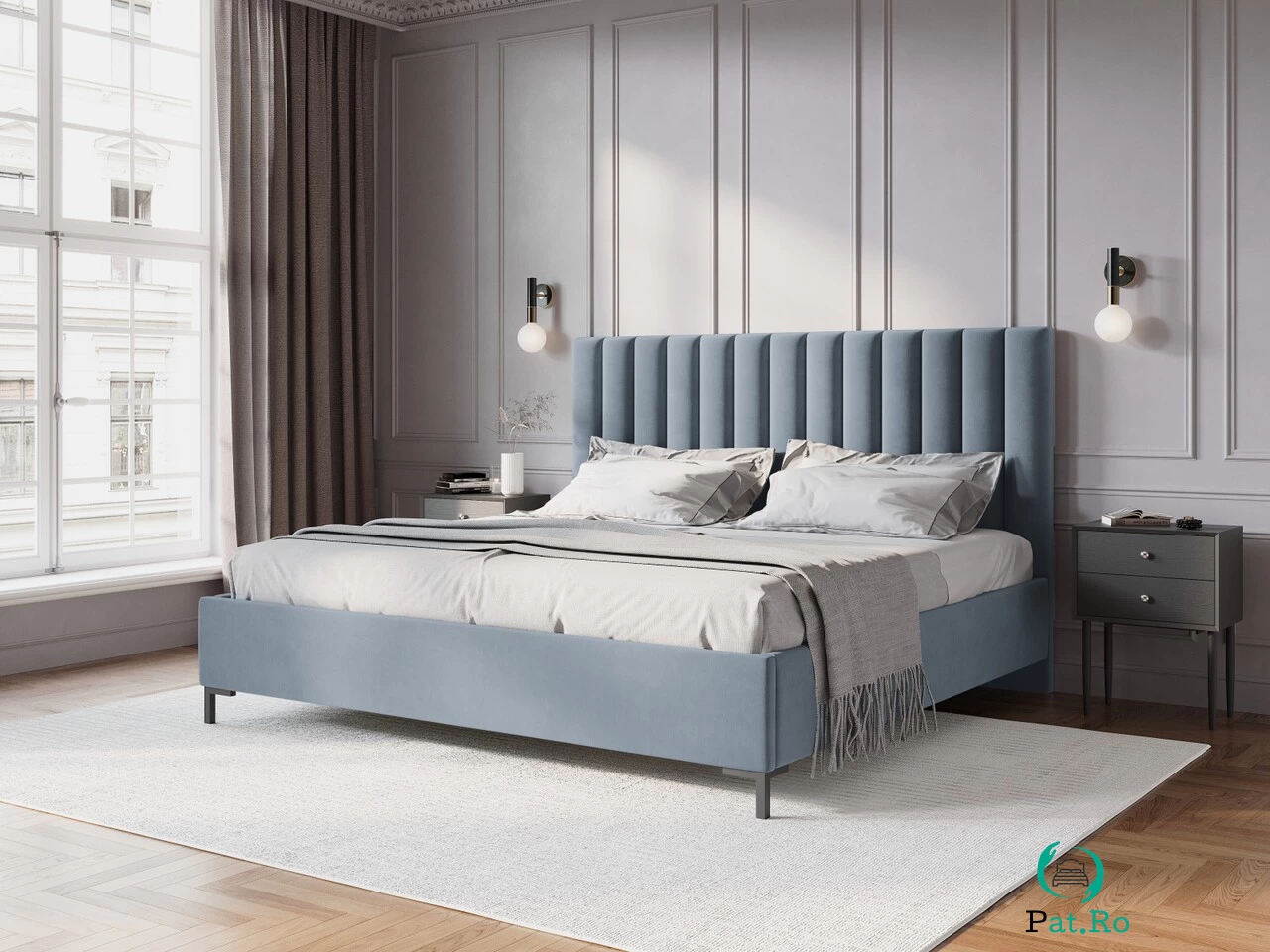 Pat tapitat cu tablie, somiera rabatabila si lada depozitare, Allison-51, Micadoni Home, 160x200 cm, catifea, albastru deschis