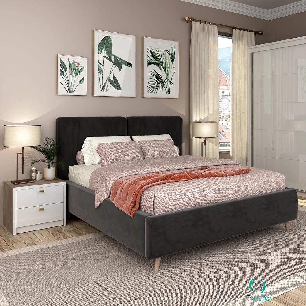 Pat tapitat MONTELLO, 140x200, somiera rabatabila, catifea Gri la 2,896.00 lei ron
