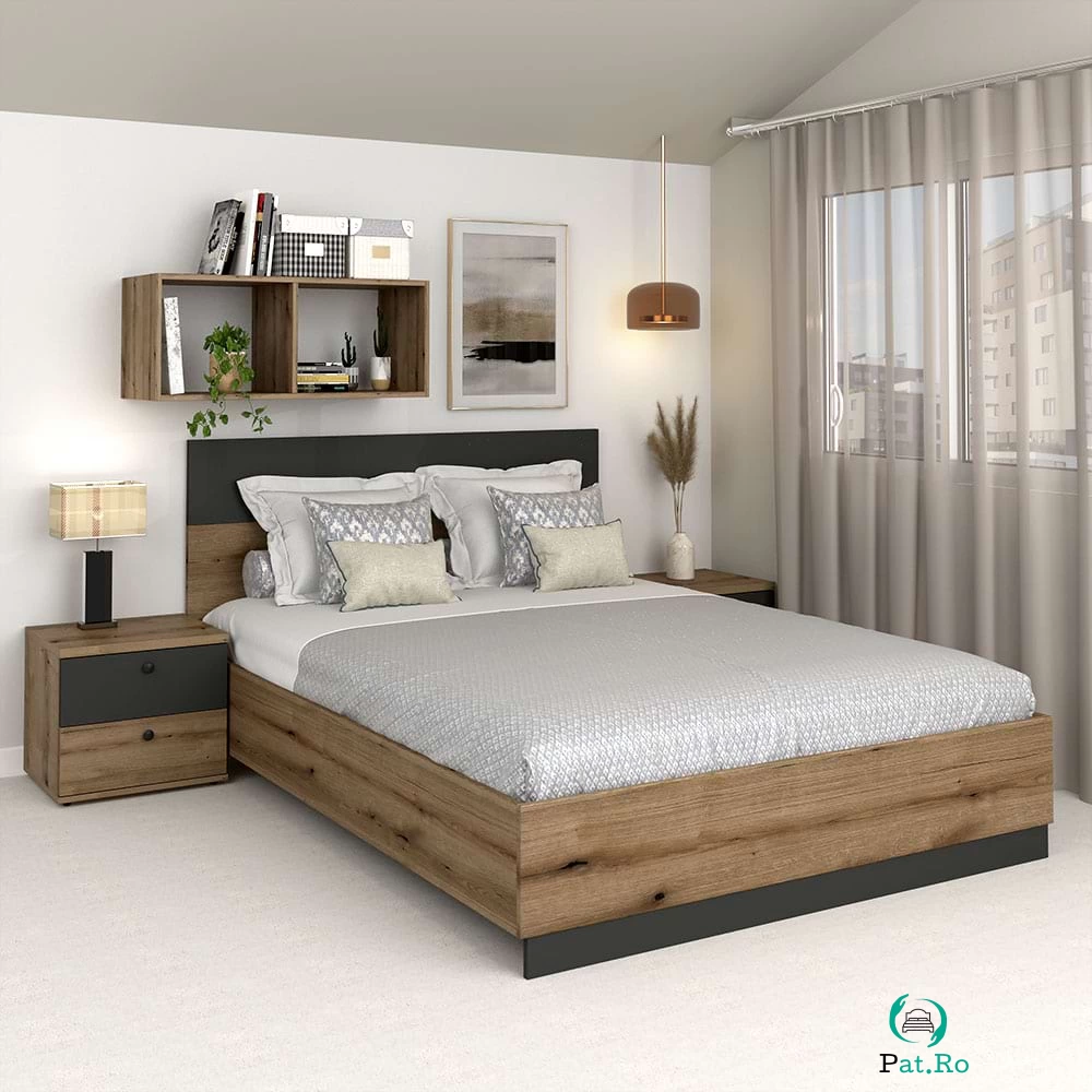 Oferta Pat matrimonial AMBRO, 160x200, Stejar, Antracit cu saltea si noptiere incluse la 2,359.00 lei ron