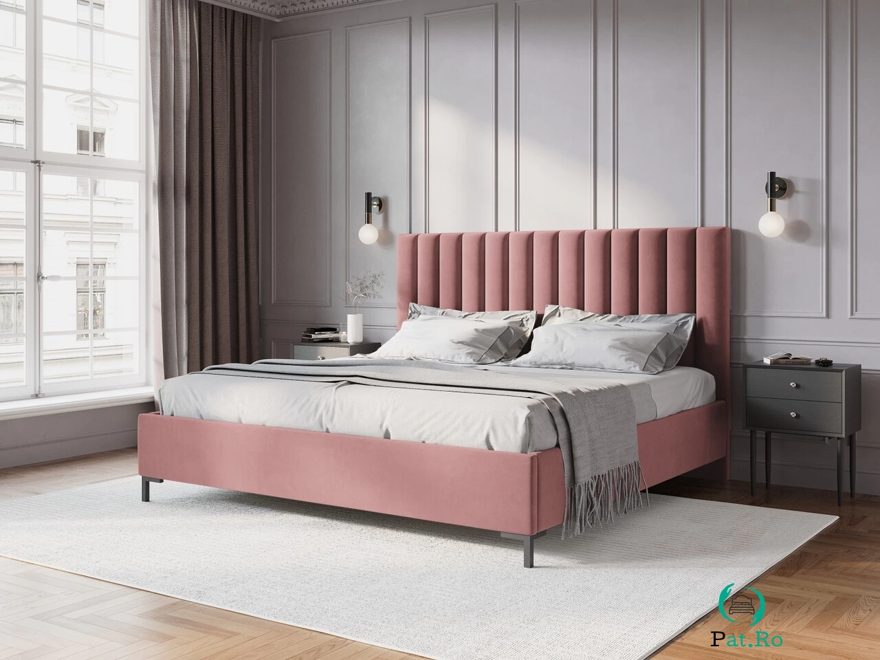 Pat tapitat cu tablie, somiera rabatabila si lada depozitare, Allison-51, Micadoni Home, 180x200 cm, catifea, roz