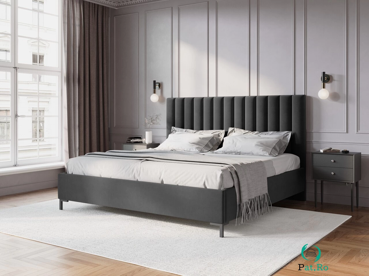 Pat tapitat cu tablie, somiera rabatabila si lada depozitare, Allison-51, Micadoni Home, 180x200 cm, catifea, gri