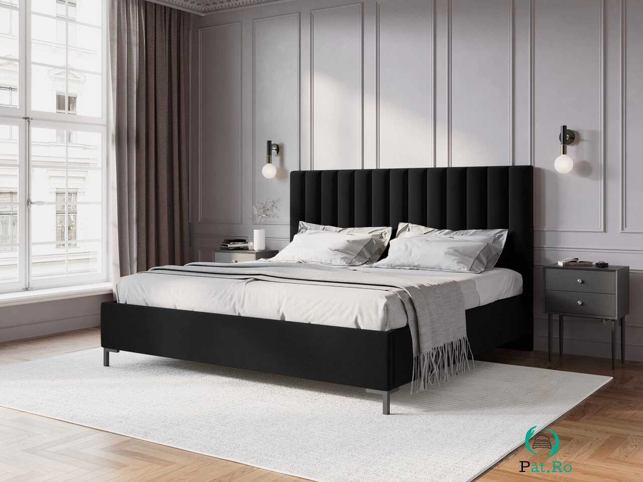 Pat tapitat cu tablie, somiera rabatabila si lada depozitare, Allison-51, Micadoni Home, 160x200 cm, catifea, negru