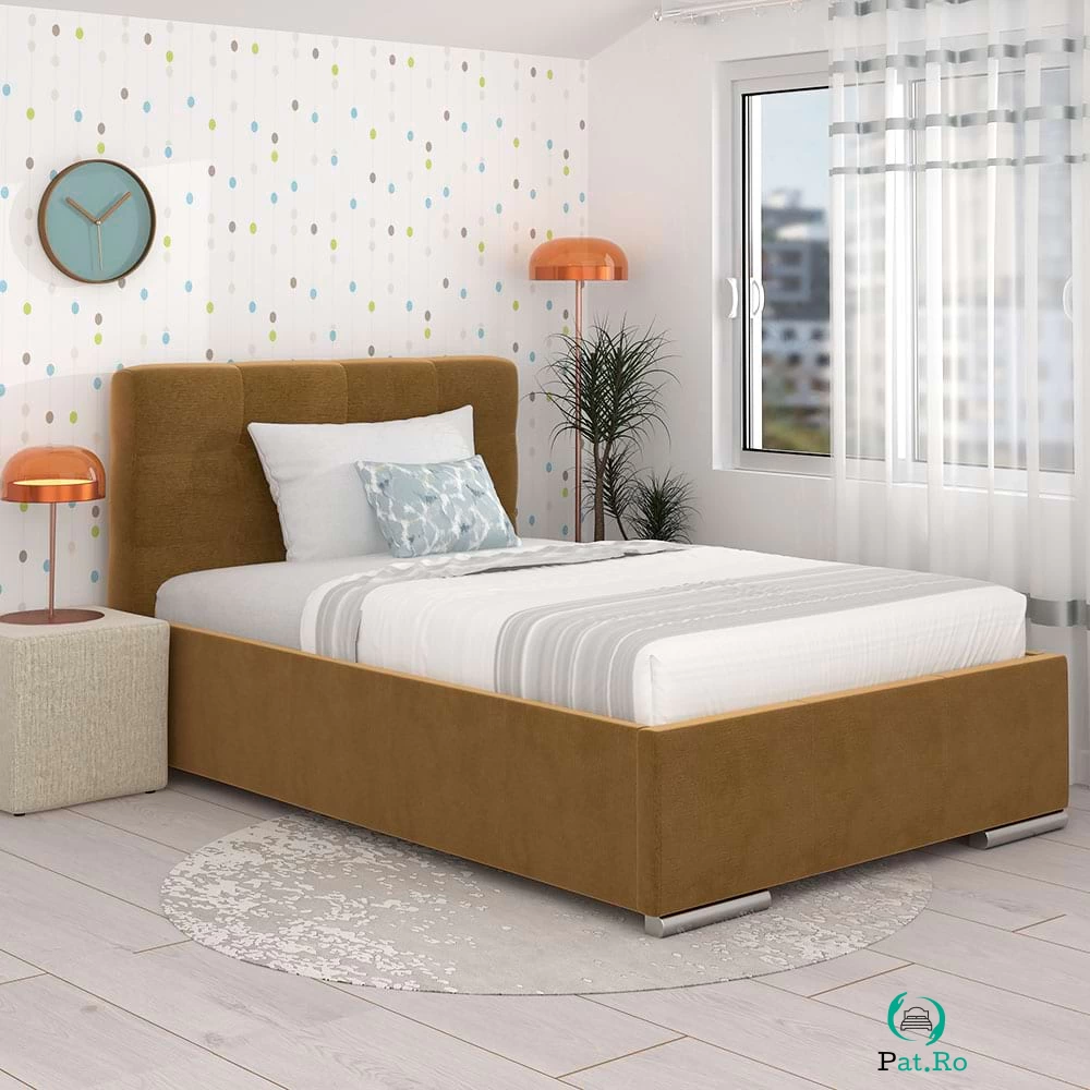 Pat tapitat copii GEORGIA Clasic, 90x200, somiera, Catifea Galben Mustar la 1,988.00 lei ron