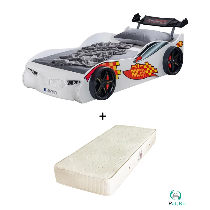 Pat pentru copii masina ECO RACE, alb + Saltea Superortopedica cu arcuri, 90x190 cm