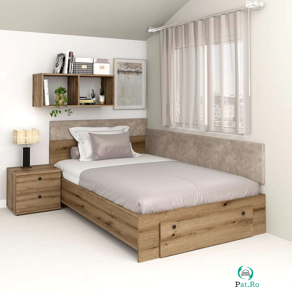 Pat colt de o persoana AMBRO, 120x200, sertar frontal, Stejar