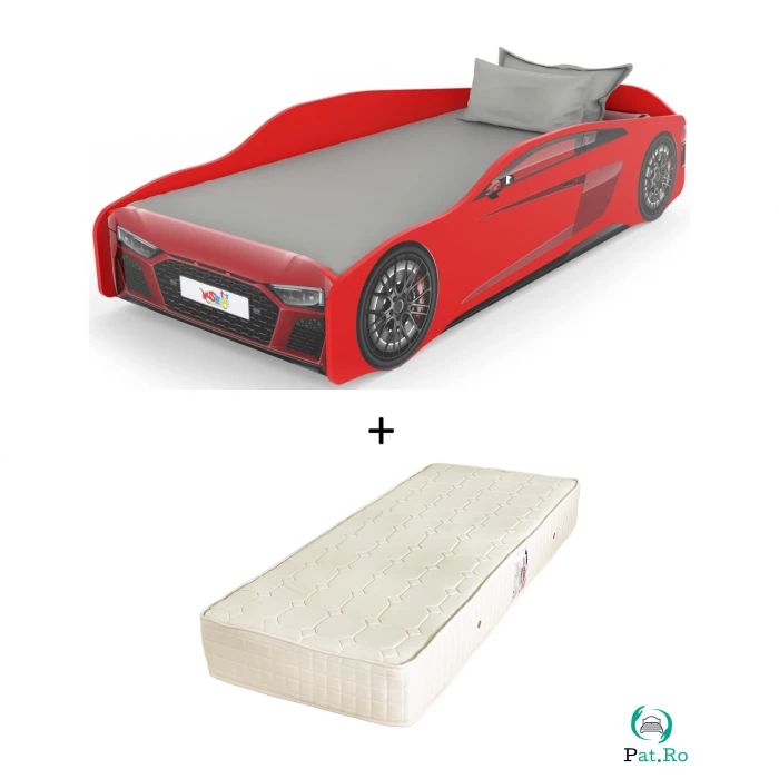 Pat pentru copii masina ULTRA ECO, rosu + Saltea Superortopedica cu arcuri, 90x190 cm