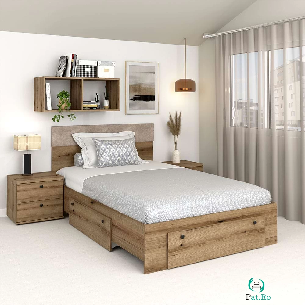Oferta Pat de o persoana AMBRO, 120x200, 2 sertare, Stejar cu saltea si noptiere incluse la 2,557.00 lei ron