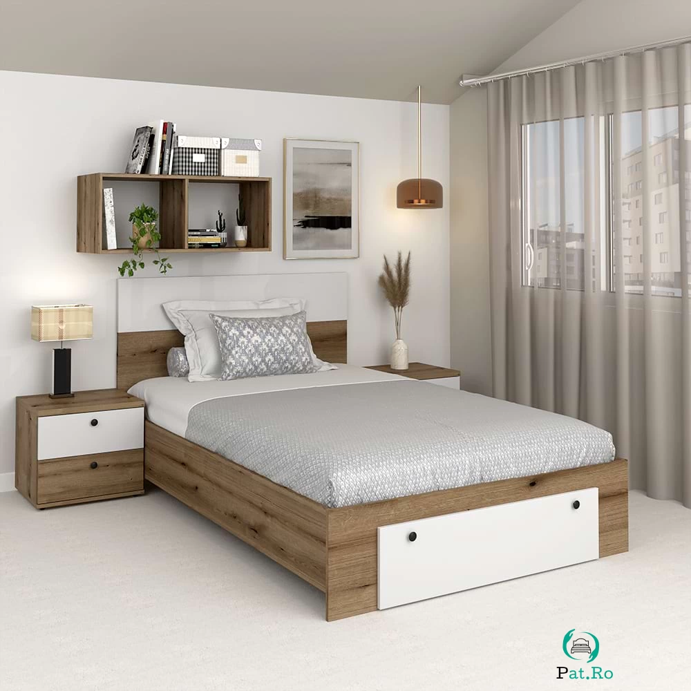 Pat copii AMBRO, 120x200, sertar frontal, Stejar, Alb la 796.00 lei ron