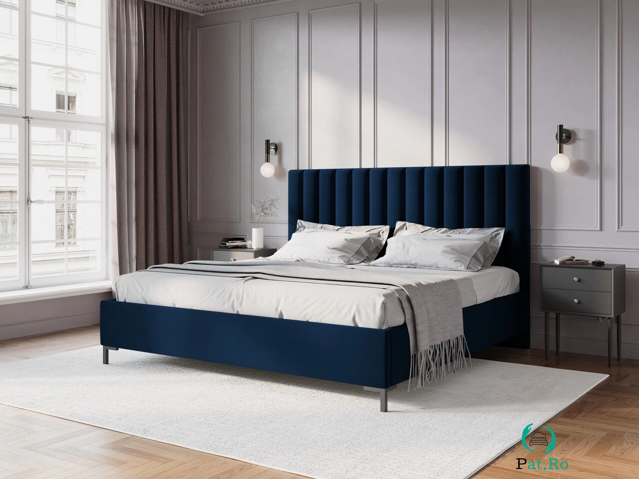 Pat tapitat cu tablie, somiera rabatabila si lada depozitare, Allison-51, Micadoni Home, 160x200 cm, catifea, albastru regal