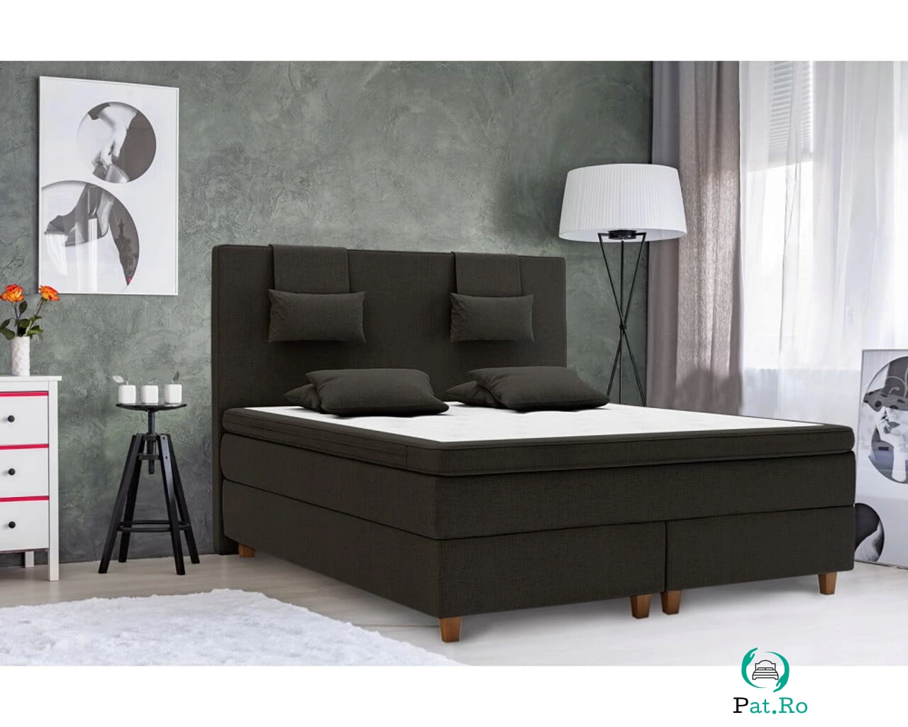Pat matrimonial, Liding Boxspring, 160x200 cm, saltea tip Pocket, topper, Negru