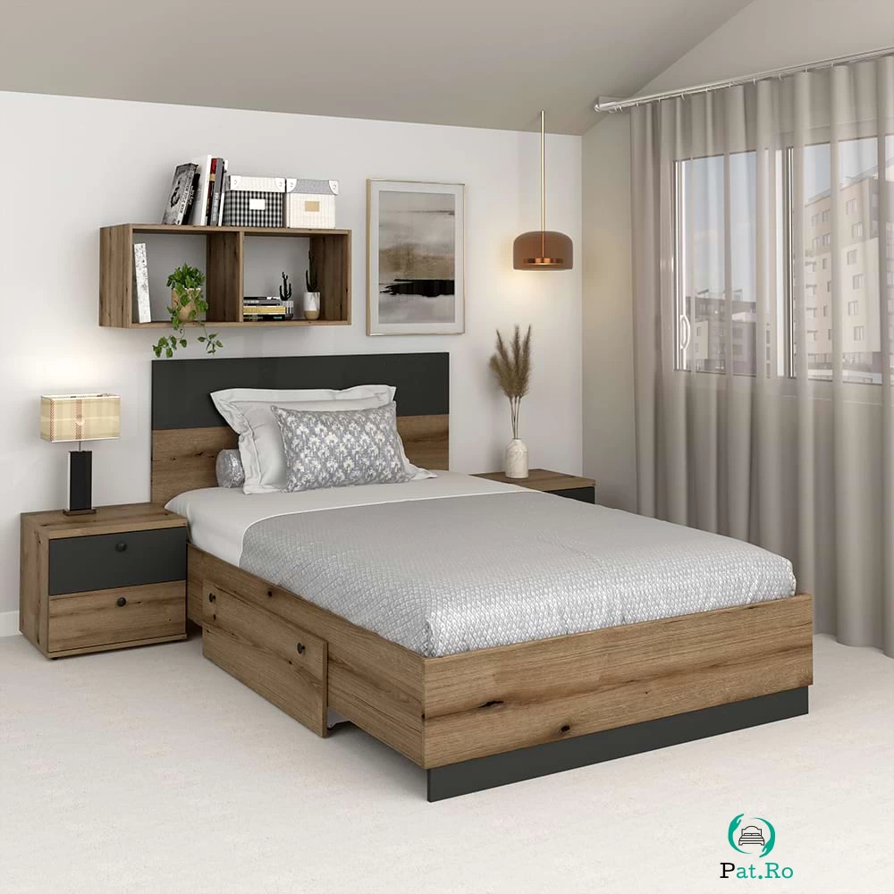 Pat copii AMBRO, 120x200, sertar lateral, Stejar, Antracit la 864.00 lei ron