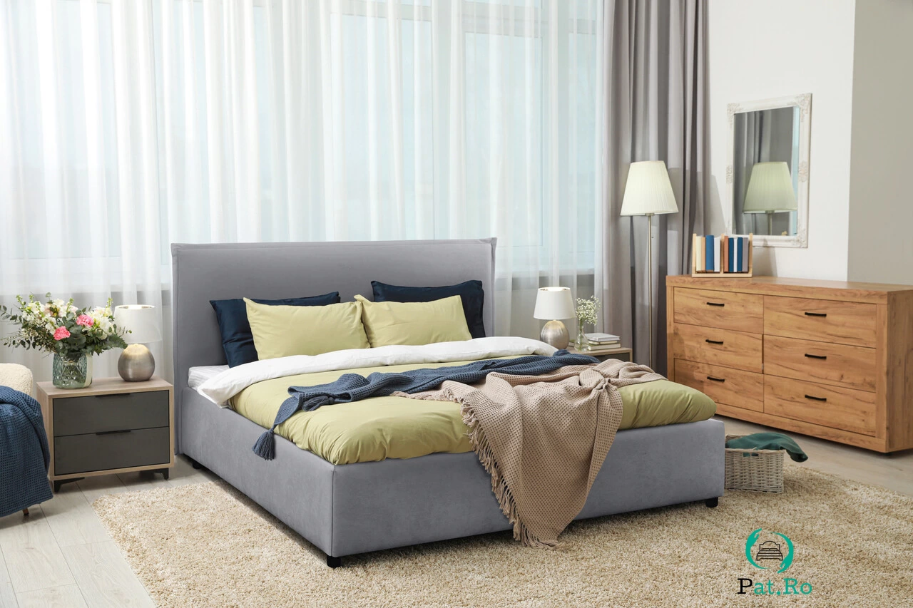 Pat tapitat Denver, 160x200 cm, somiera rabatabila, spatiu depozitare, gri