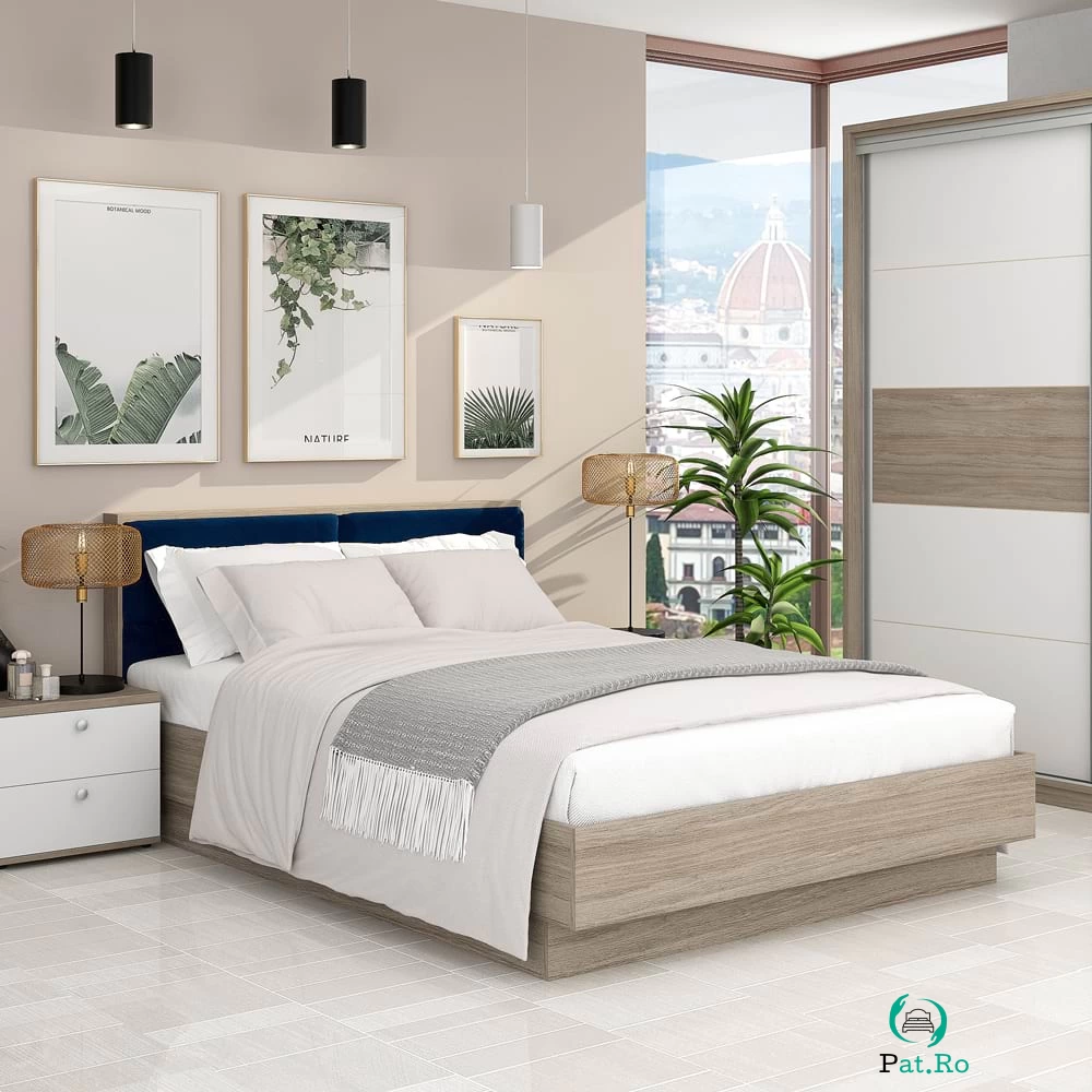 Pat matrimonial PRIMAVERA, suport saltea, Oak, Catifea Albastru